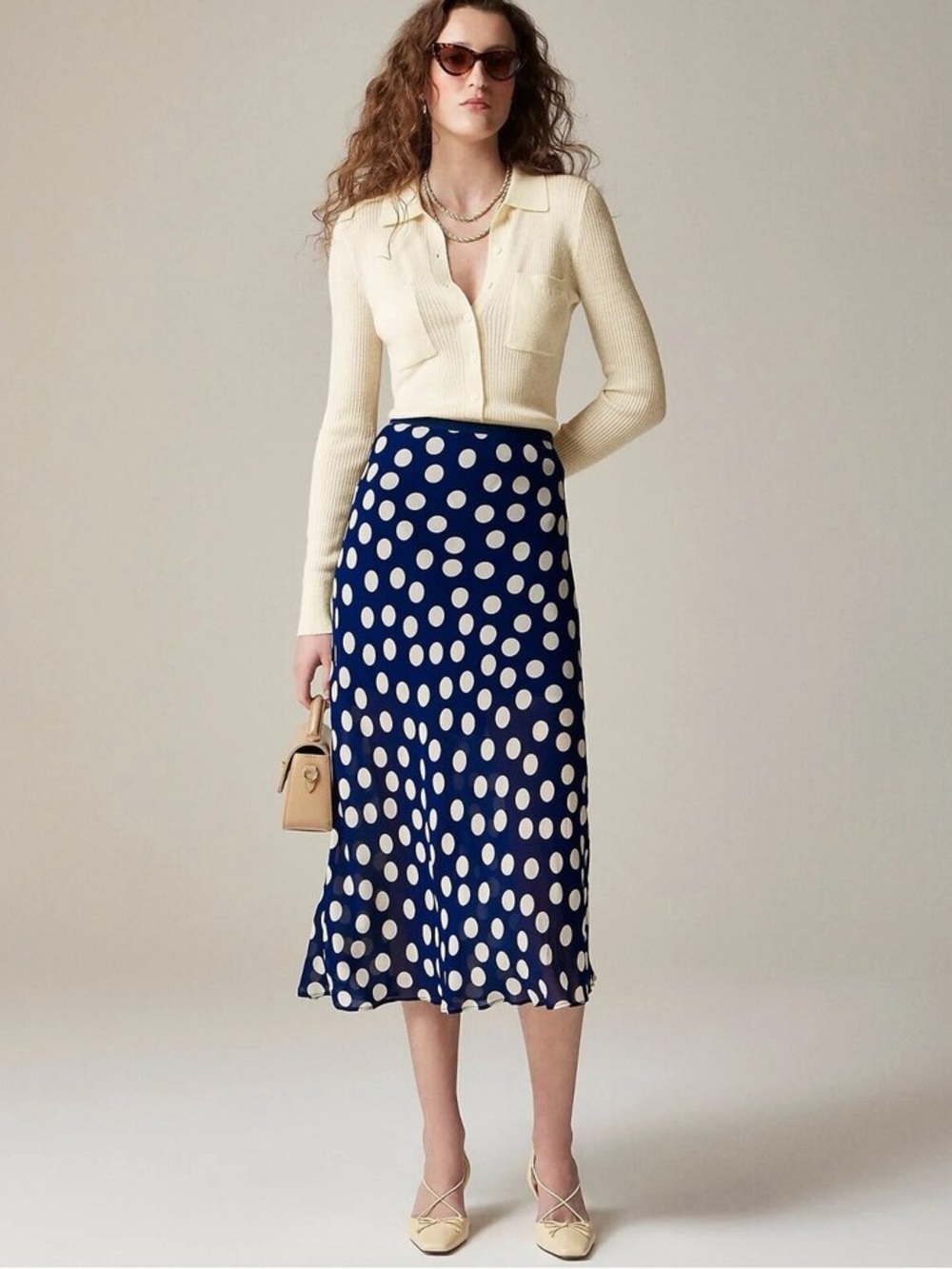 J. Crew Gwyneth Midi Slip Skirt Navy White Polka Dot NWT Size XL
